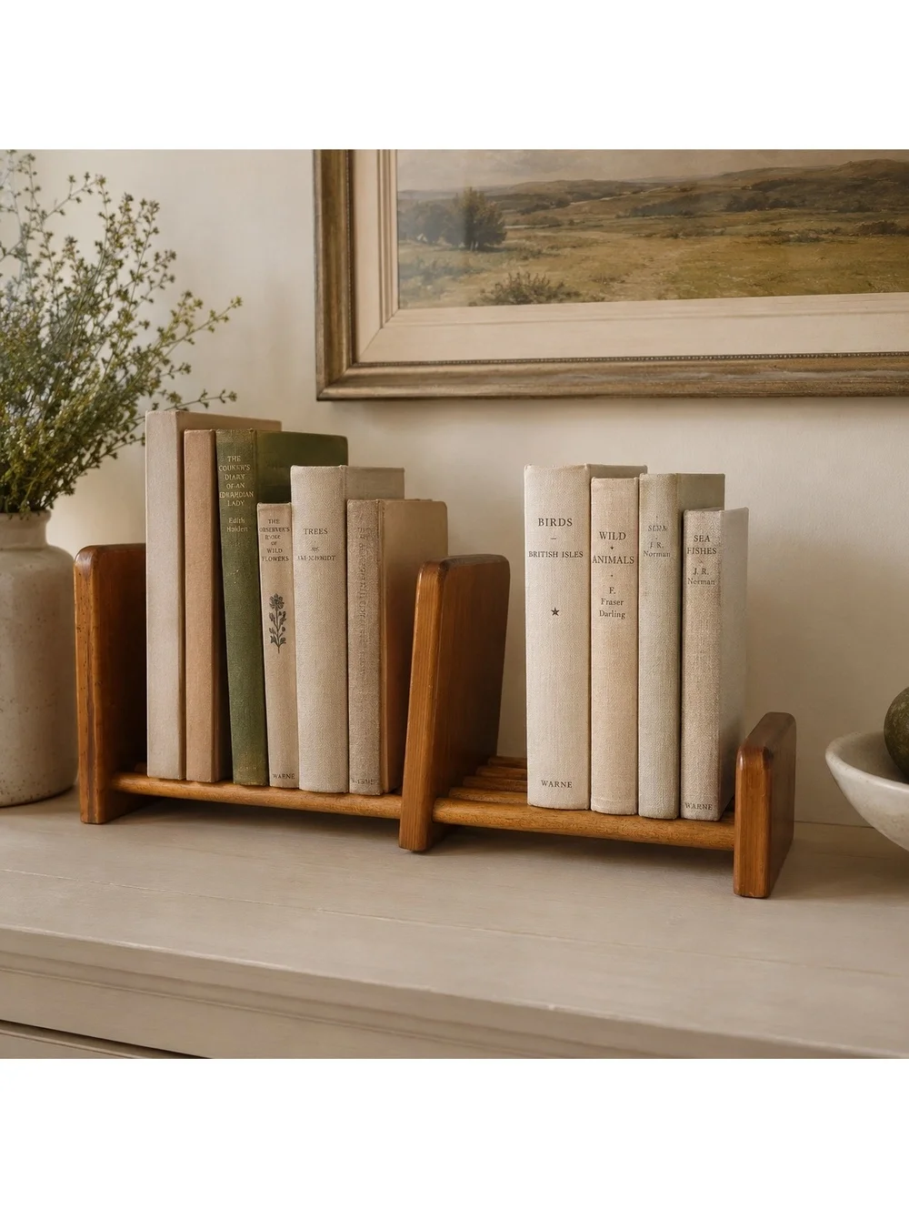 Vintage Adjustable Wooden Book Rack Sliding Bookends Mid Century Desk Organizer